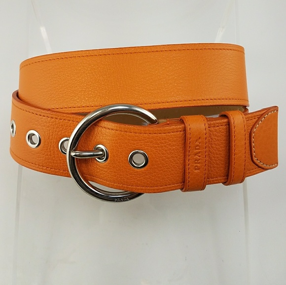 Prada Accessories - Prada Pebble Leather Orange Belt Size 34